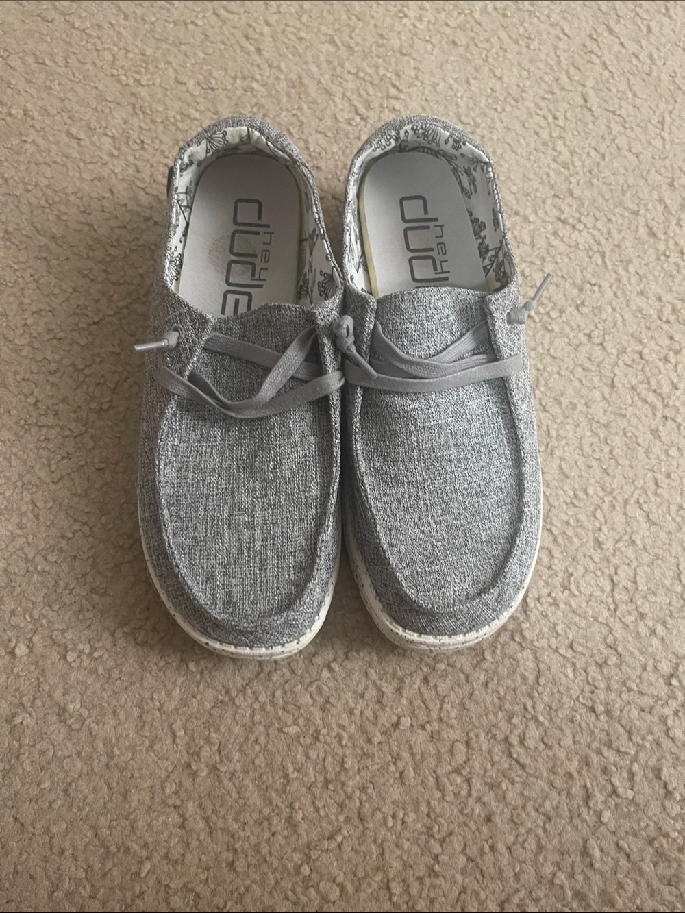 Hey Dude Wendy L Linen Light Gray Canvas Slip-Ons with Patterned Lining